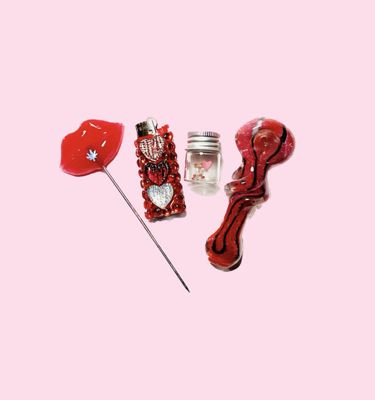 Candy Clouds Pipe Kit - Red Lips Poker, Red heart lighter, Red Spoon pipe.