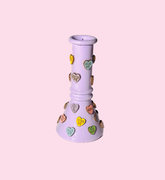 Candy Clouds Hand-Decorated pipe - Pastel Purple with Valentine's Day Heart Candy.