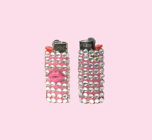Candy Clouds Hand-Decorated Mini lighter -  Pink /silver with Pink Lips