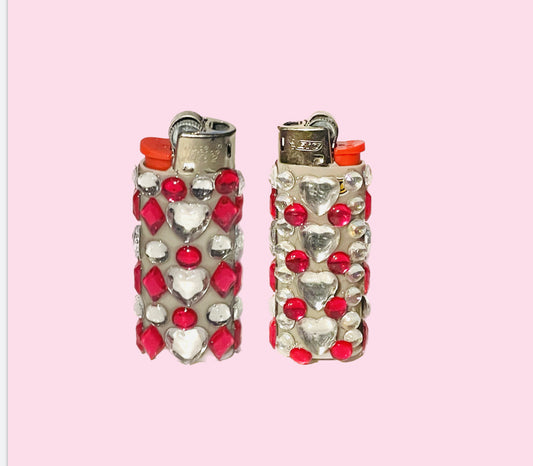 Candy Clouds Hand-Decorated Mini lighter -Silver and Red with hearts