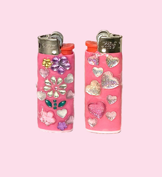 Candy Clouds Hand-Decorated Mini lighter - Pink with Colorful Flowers and Hearts