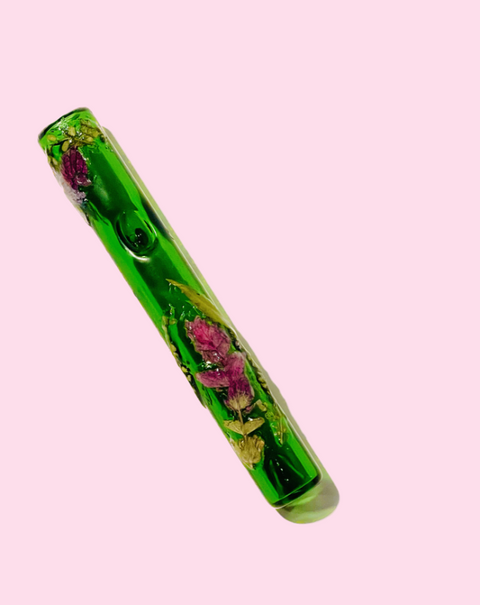 Heavy hand-decorated- 7 " Heavy Green Steam Roller with Real Flowers and Hemp Leaf