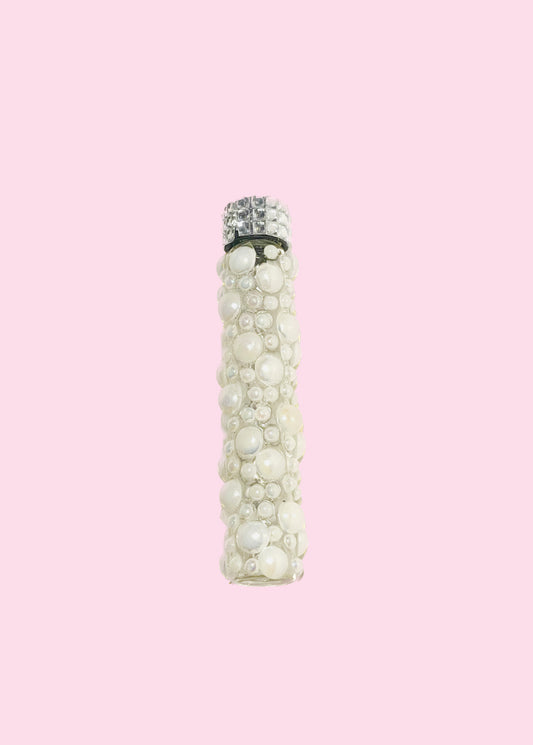 Fancy Hand-decorated recycled glass doob tube made with iridescent white pearls