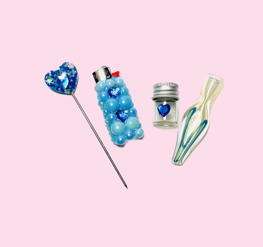 Candy Clouds Chillum Kits - Handmade Blue Heart Poker, Lighter with Chunky Blue Pearls