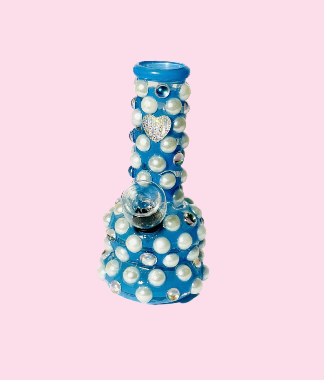 Candy Clouds Hand-Decorated pipe- Blue \with Chunky White Pearls and Silver Heart