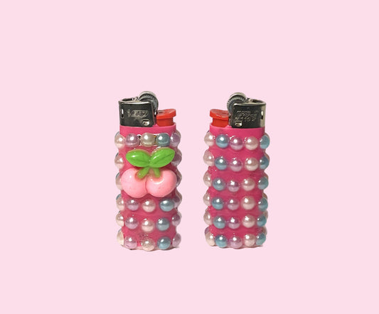 Candy Clouds Hand-Decorated Mini Lighter-  Pink and Blue Pearls and Cherry Charm