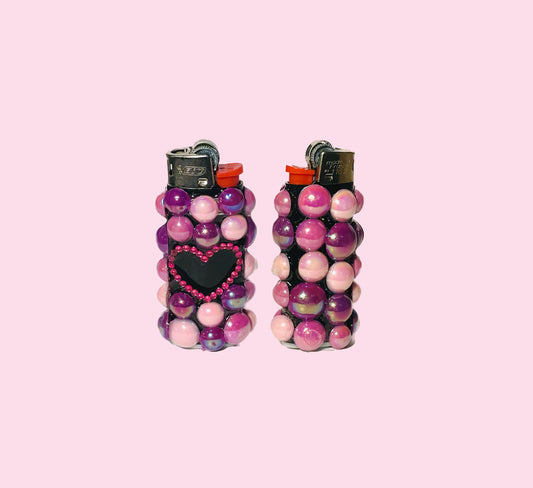 Candy Clouds Hand-Decorated Mini lighter - Chunky Pink and Purple Pearls with Heart