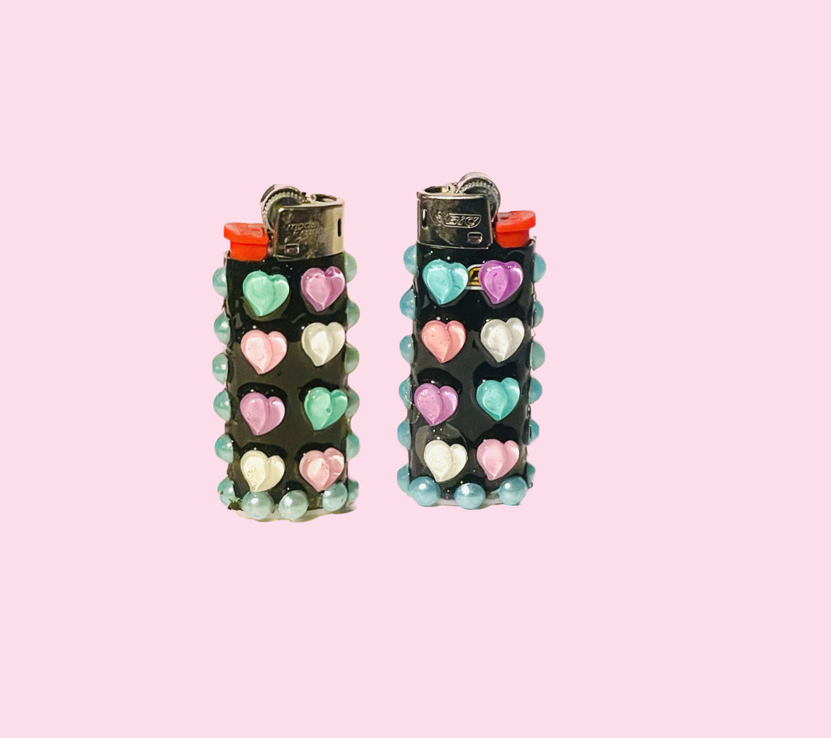 Candy Clouds Hand-Decorated Mini lighter -Black with Pastel pink and Blue hearts and Pearls