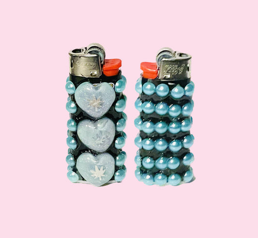 Candy Clouds Hand-Decorated Mini lighter - Black and Teal with Hearts and Blue Pearls